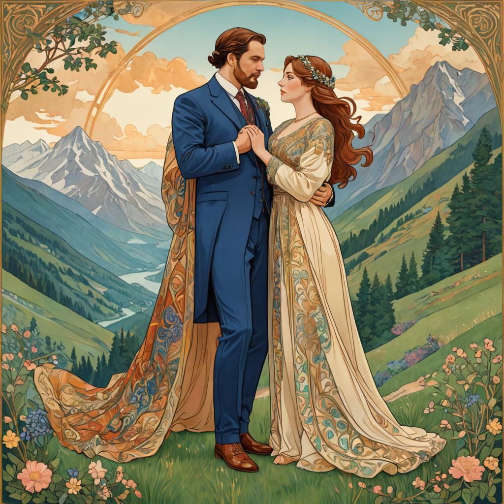 Elegant Couple Embracing in Art Nouveau Landscape