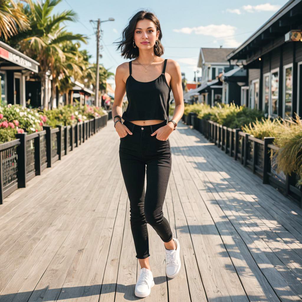 Stylish Woman Walking on Boardwalk