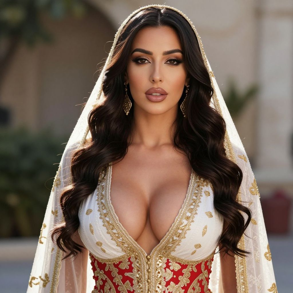 Elegant Woman in Traditional Embroidered Outfit with Gold Detailing and Veil