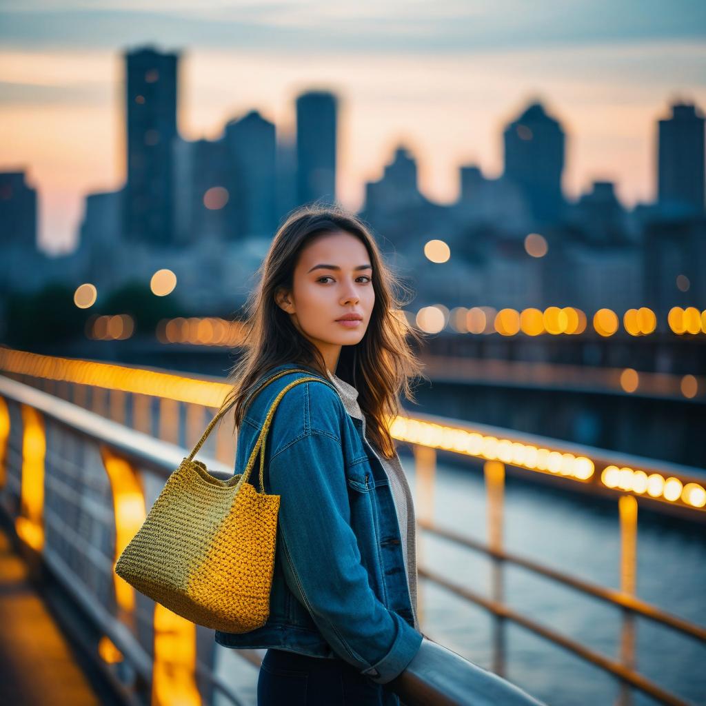 Young Woman on Sunset City Bridge with Yellow Bag