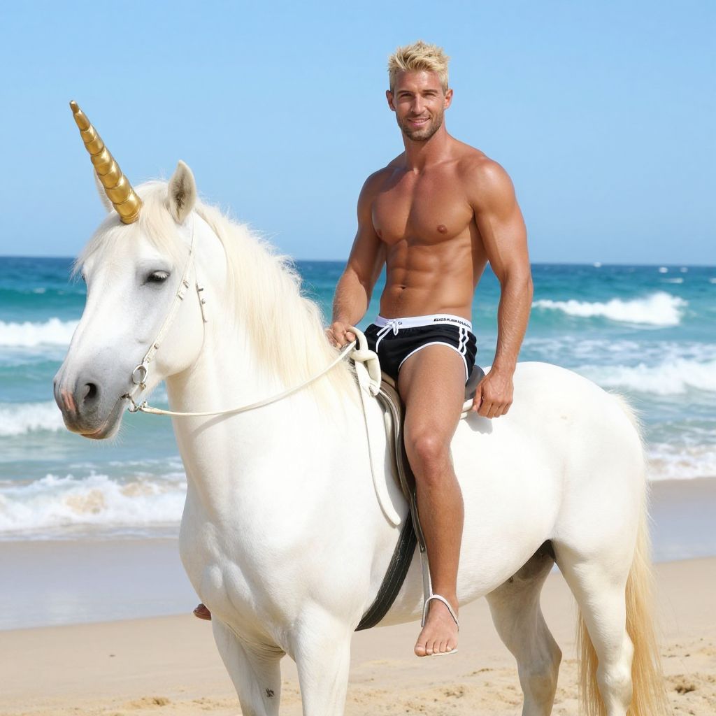 Blonde Man Riding White Unicorn Horse on Beach