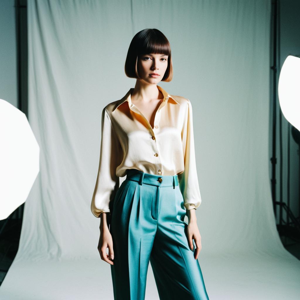 Portrait of Young Woman in Silky Blouse and Teal Trousers Studio Fashion