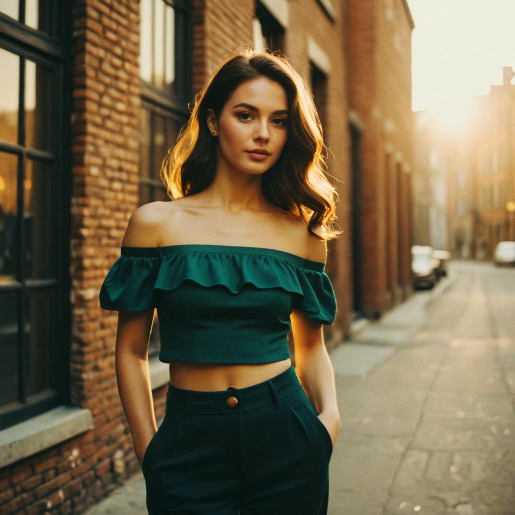 Young Woman in Stylish Dark Green Outfit on Urban Street at Golden Hour