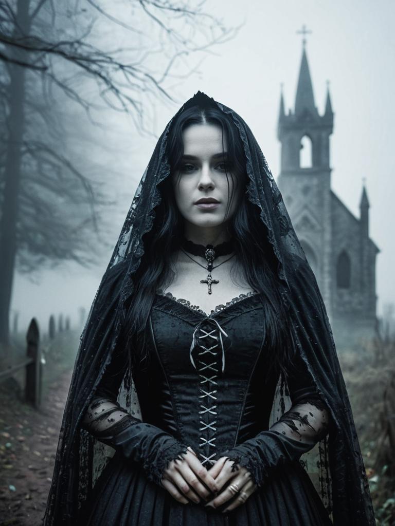 Photorealistic Gothic Woman in Llorona Costume in Misty Graveyard