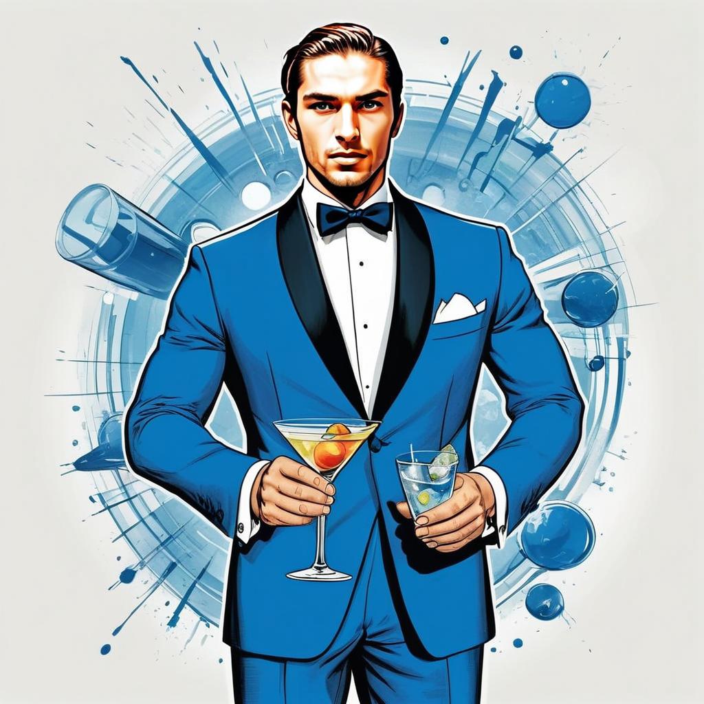 Confident Man in Blue Tuxedo with Cocktails