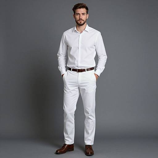 Confident Man in White Shirt and Pants with Brown Leather Accessories