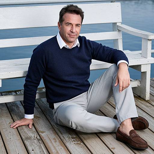 Middle-aged Man Sitting on Wooden Dock by Water Wearing Navy Sweater