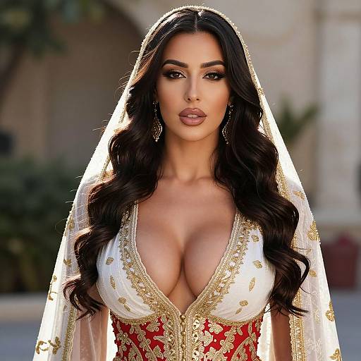 Elegant Woman in Traditional Embroidered Outfit with Gold Detailing and Veil