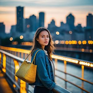Young Woman on Sunset City Bridge with Yellow Bag
