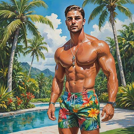 Muscular Man in Colorful Floral Swim Trunks by Tropical Pool