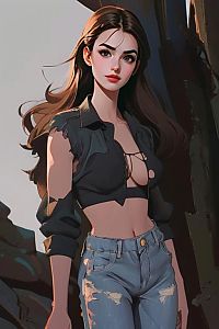 Stylized Digital Portrait of Woman in Torn Crop Top and Distressed Jeans