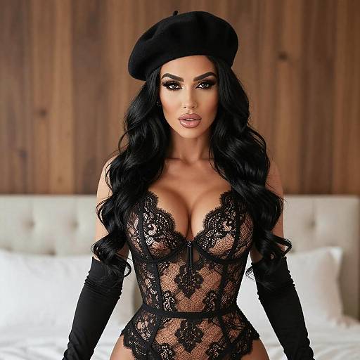 Glamorous Woman in Black Lace Corset and Beret in Stylish Bedroom