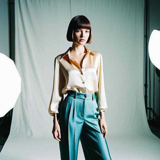 Portrait of Young Woman in Silky Blouse and Teal Trousers Studio Fashion