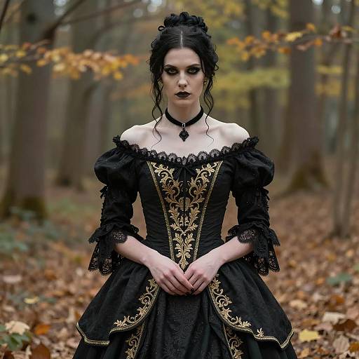 Victorian Gothic Woman in Black and Gold Dress in Autumn Forest