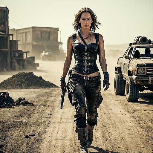 Post-Apocalyptic Woman Walking in Deserted Wasteland with Rusty Vehicle
