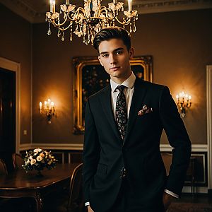 Confident Young Man in Tailored Suit with Floral Tie