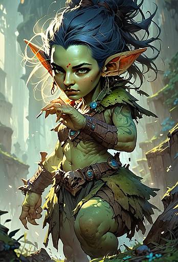 Fantasy Female Goblin Warrior in Detailed Tribal Armor Illustration