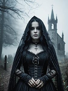 Photorealistic Gothic Woman in Llorona Costume in Misty Graveyard