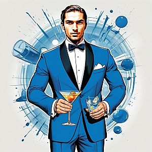Confident Man in Blue Tuxedo with Cocktails