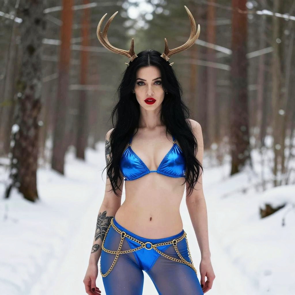 Woman in Blue Bikini with Antler Headpiece in Snowy Forest