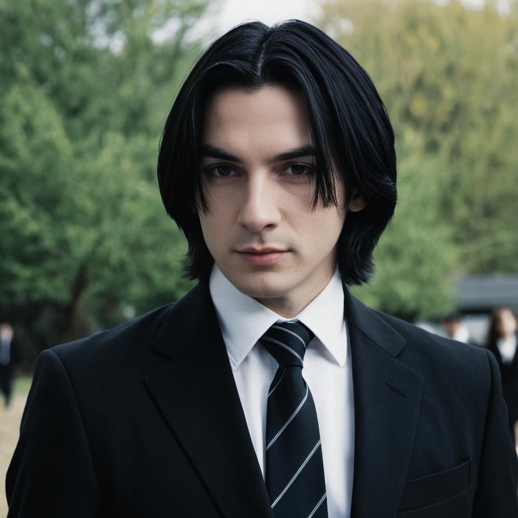 Man Wearing Snape Costume in Black Suit with Striped Necktie Outdoors