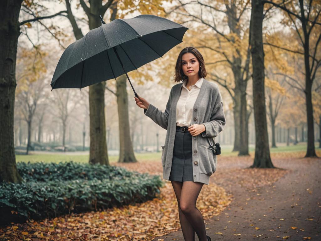 Stylish Woman with Umbrella in Chic Gray Attire