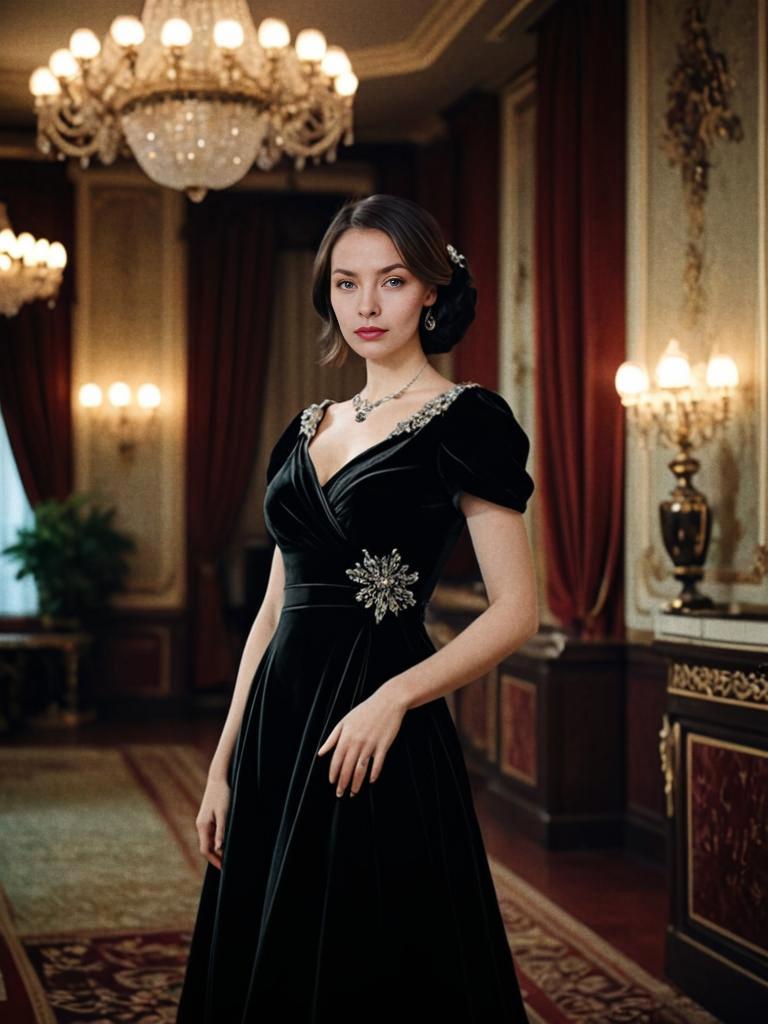 Elegant Woman in Black Velvet Gown in Vintage Room