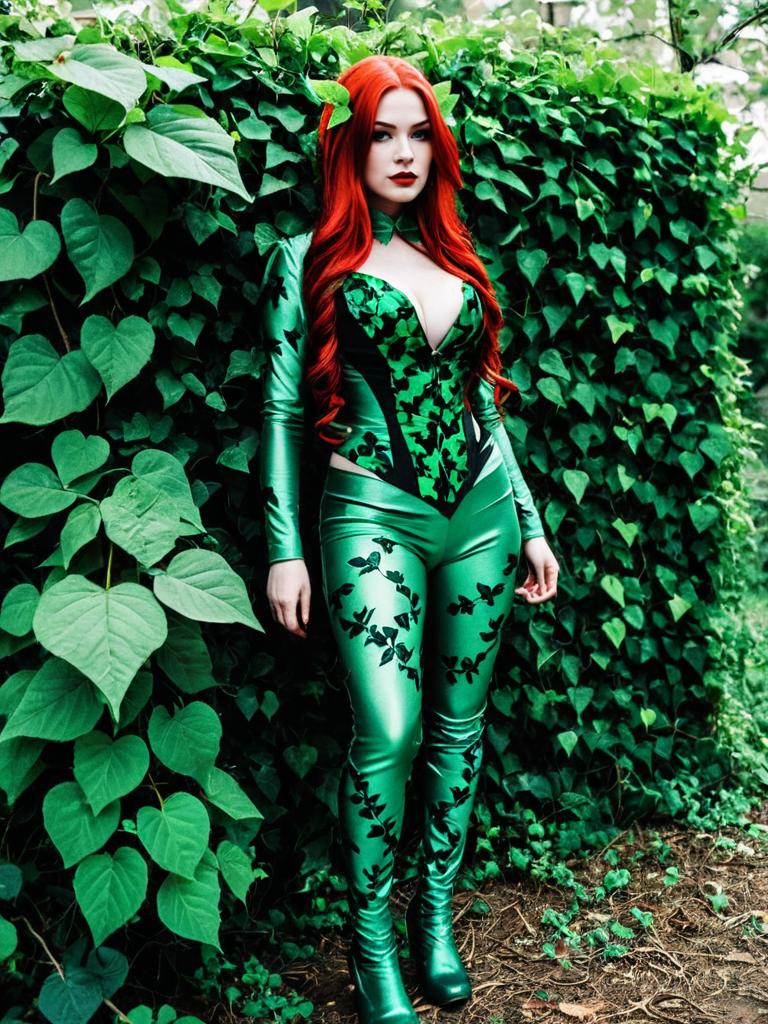 Poison Ivy Cosplay Woman Full Body Green Leaf Costume with Red Hair