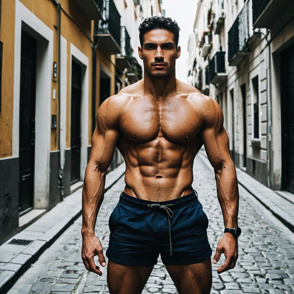 Muscular Man in Cobblestone Street