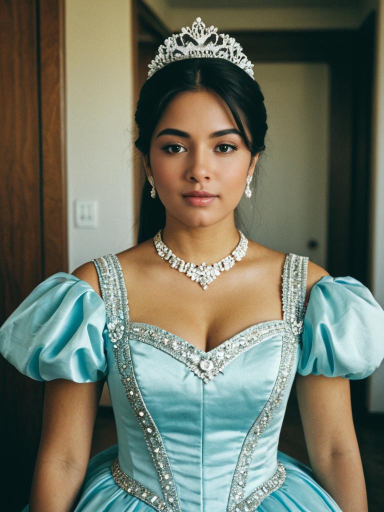 Elegant Young Woman in Light Blue Quinceañera Gown