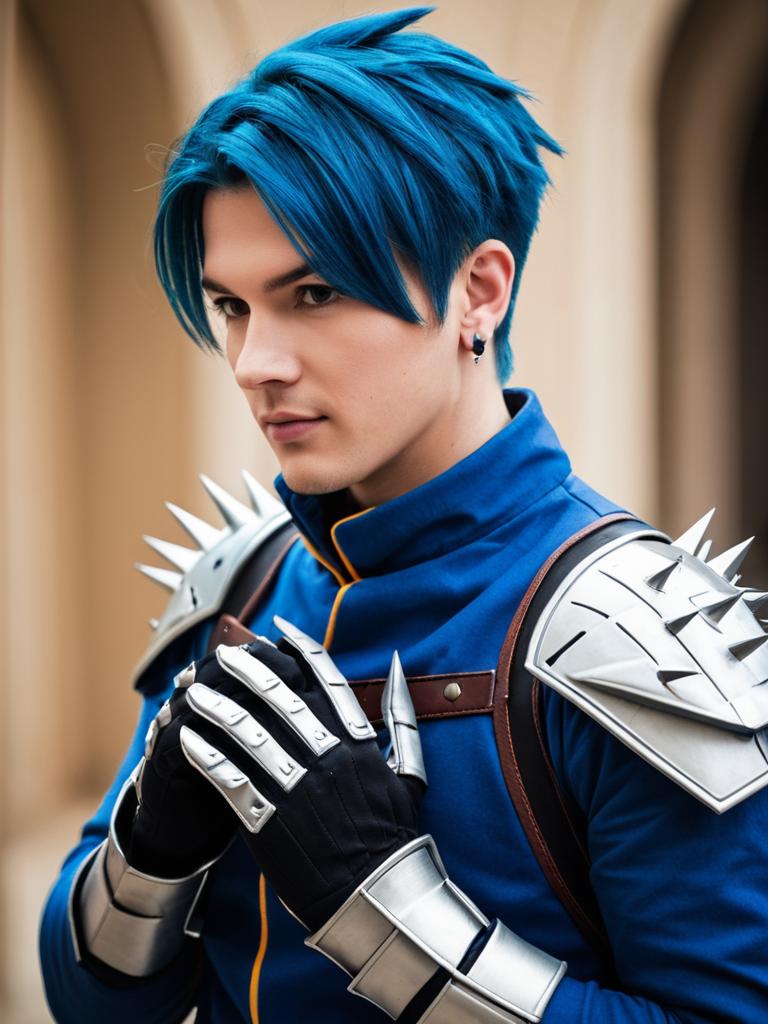 Blue-Haired Man in Dragon Quest XI Inspired Cosplay with Spiked Armor