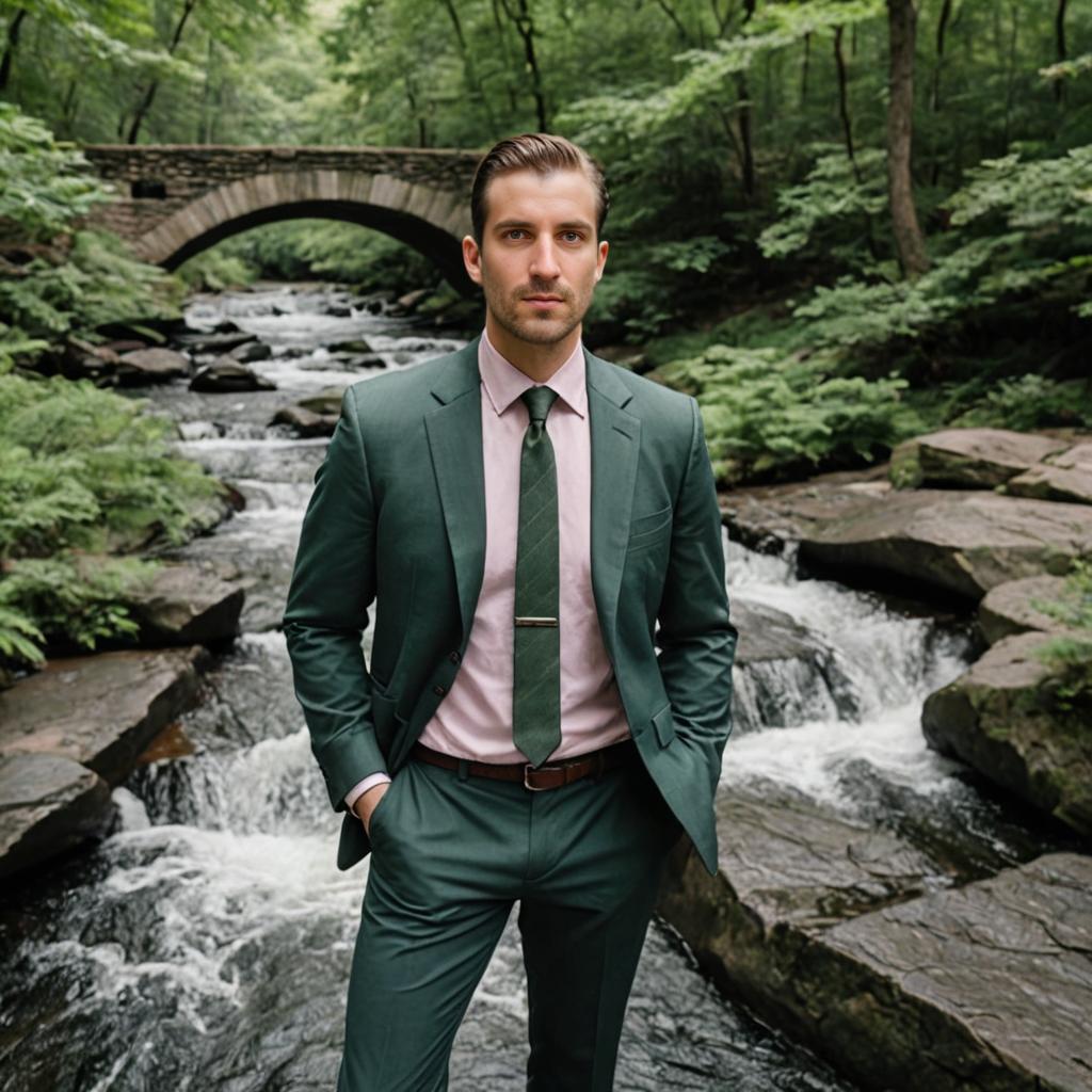 Man in Green Suit with Pink Tie by Forest Stream