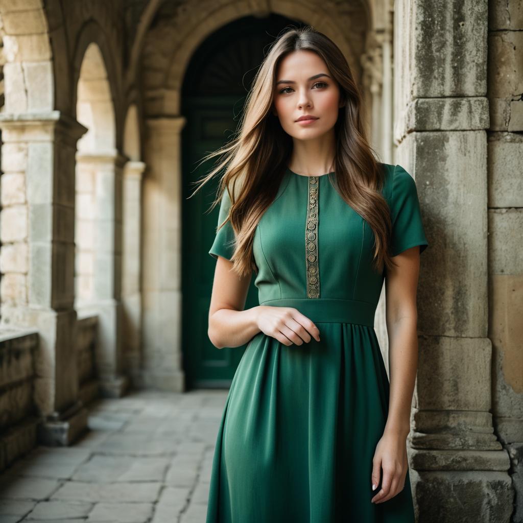 Elegant Woman in Green Dress Standing by Historic Stone Archway