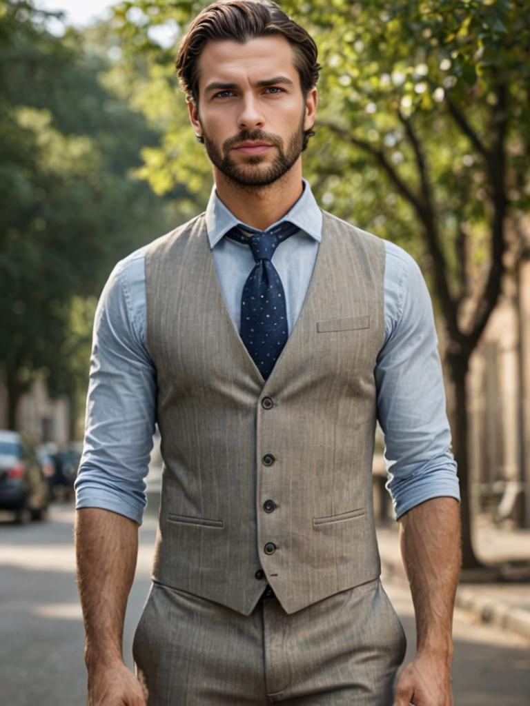 Stylish Man in Vest and Tie Outdoors