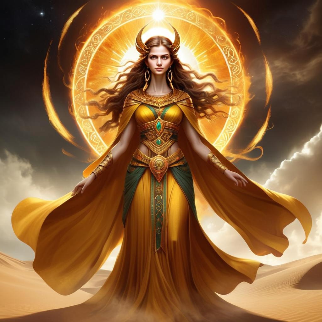 Woman in Golden Gown Against Radiant Desert Sun Woman in Golden Gown Against Radiant Desert Sun