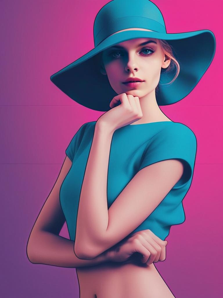 Stylish woman in blue hat and dress against pink background