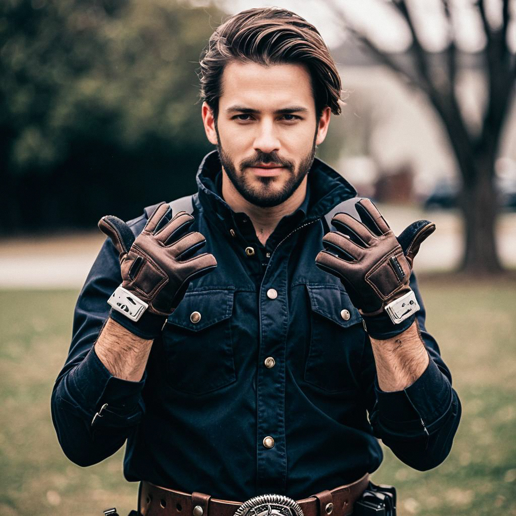 Confident Young Man in Dark Jacket and Leather Gloves Confident Young Man in Dark Jacket and Leather Gloves
