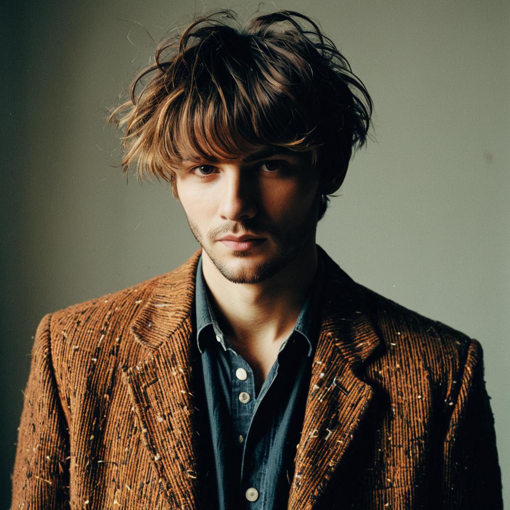 Portrait of Young Man in Textured Brown Jacket with Tousled Hair