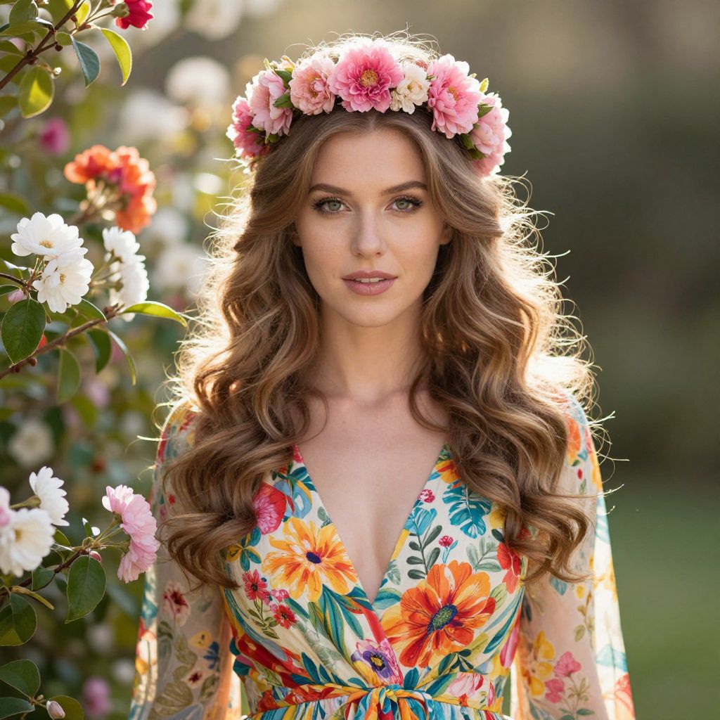 Woman in Floral Dress with Flower Crown in Blooming Garden