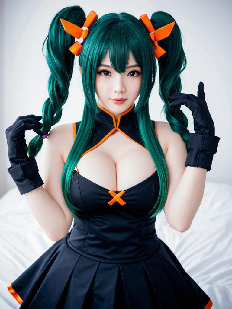 Ai Chan Honkai Impact Cosplay Woman with Teal Twin-Tails and Black Orange Outfit
