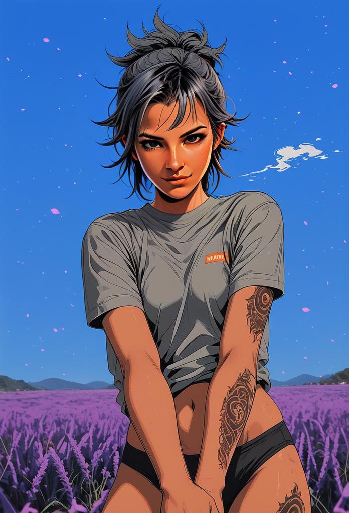 Confident Woman with Tribal Tattoos in Purple Flower Field Digital Art