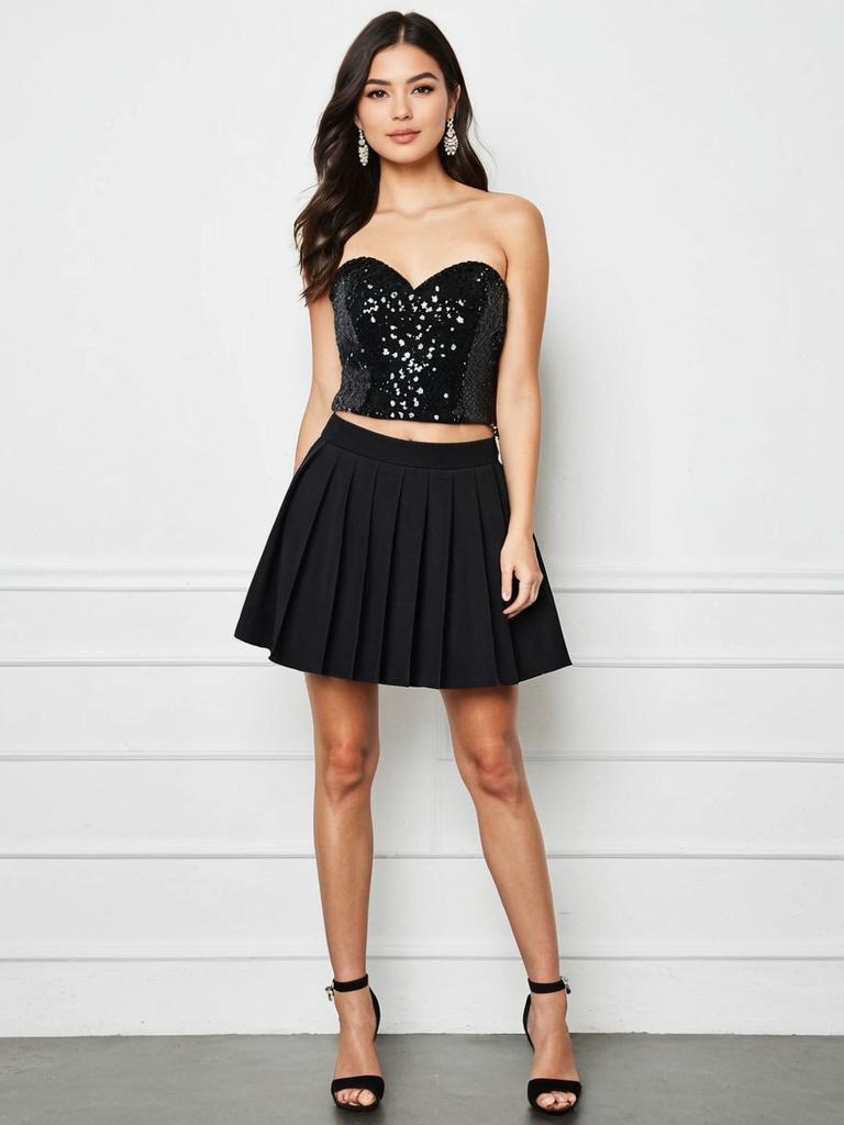 Woman Wearing Strapless Sequined Black Bodice with Pleated Skirt Party Outfit