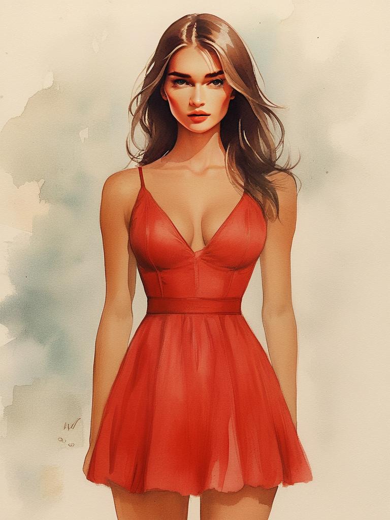 Woman in Vibrant Red Dress with Watercolor Style Woman in Vibrant Red Dress with Watercolor Style