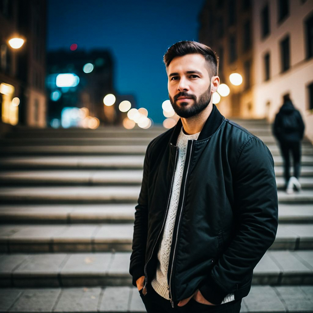 Confident Young Man in Urban Night Scene Confident Young Man in Urban Night Scene
