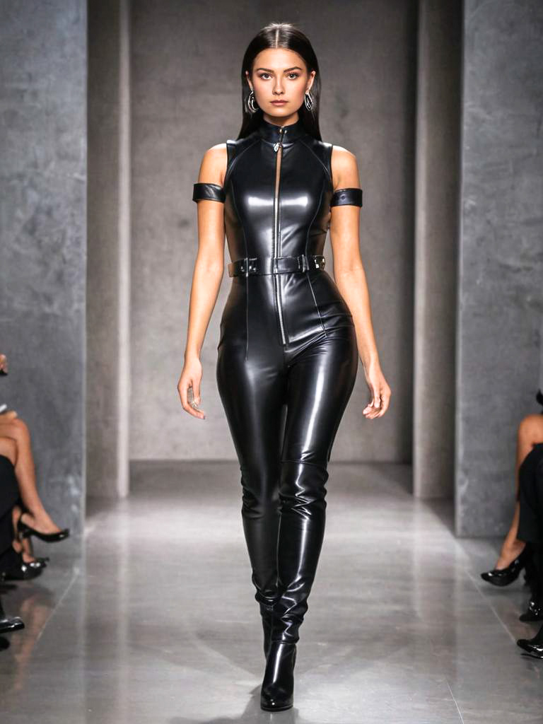 Model in Sleek Black Latex Outfit with Cutouts