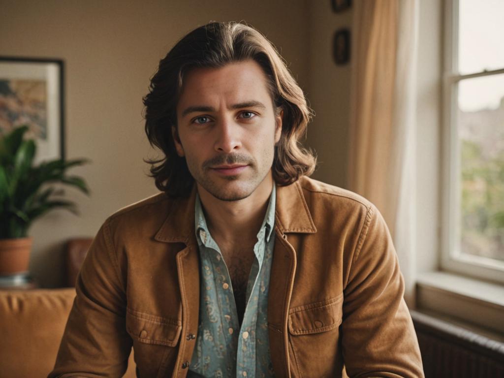 Stylish man in 70s hairstyle with vintage jacket and patterned shirt