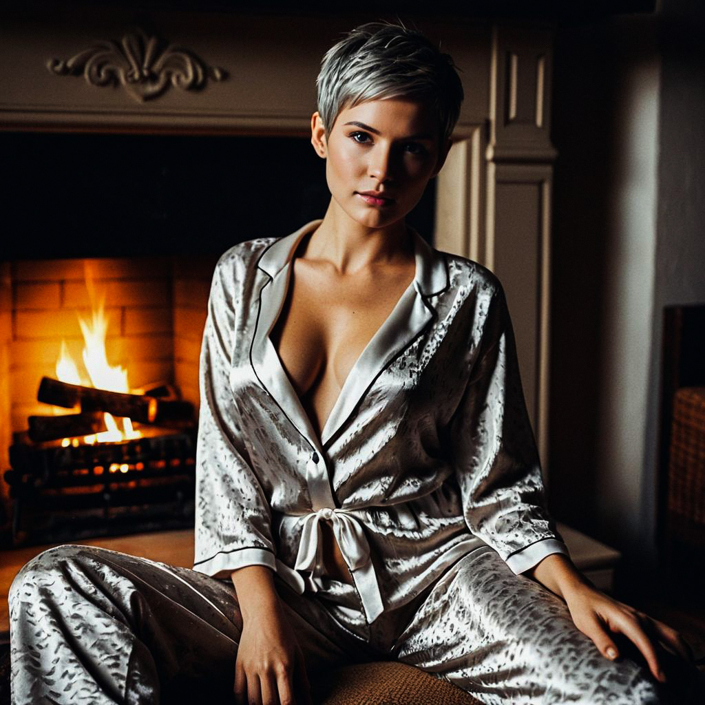 Woman in Satin Pajamas by Fireplace