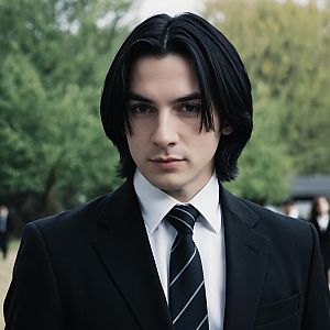 Man Wearing Snape Costume in Black Suit with Striped Necktie Outdoors