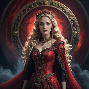 Regal Woman in Ornate Red Gown with Crown