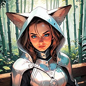 Woman in White Hooded Outfit with Cat Ears in Bamboo Forest
